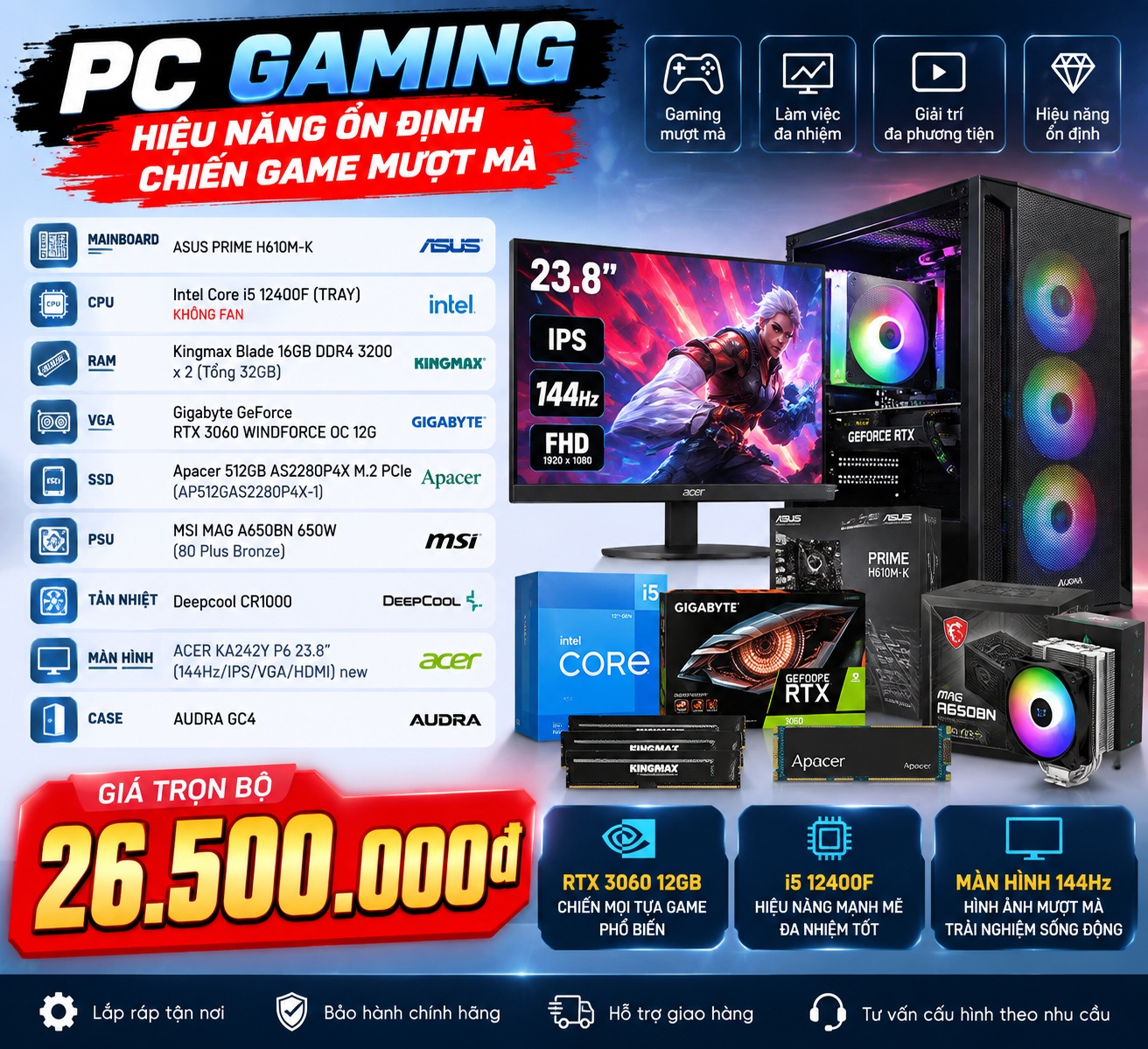 PC GAMING i5-12400F + RTX 3060 12GB + MÀN 144Hz