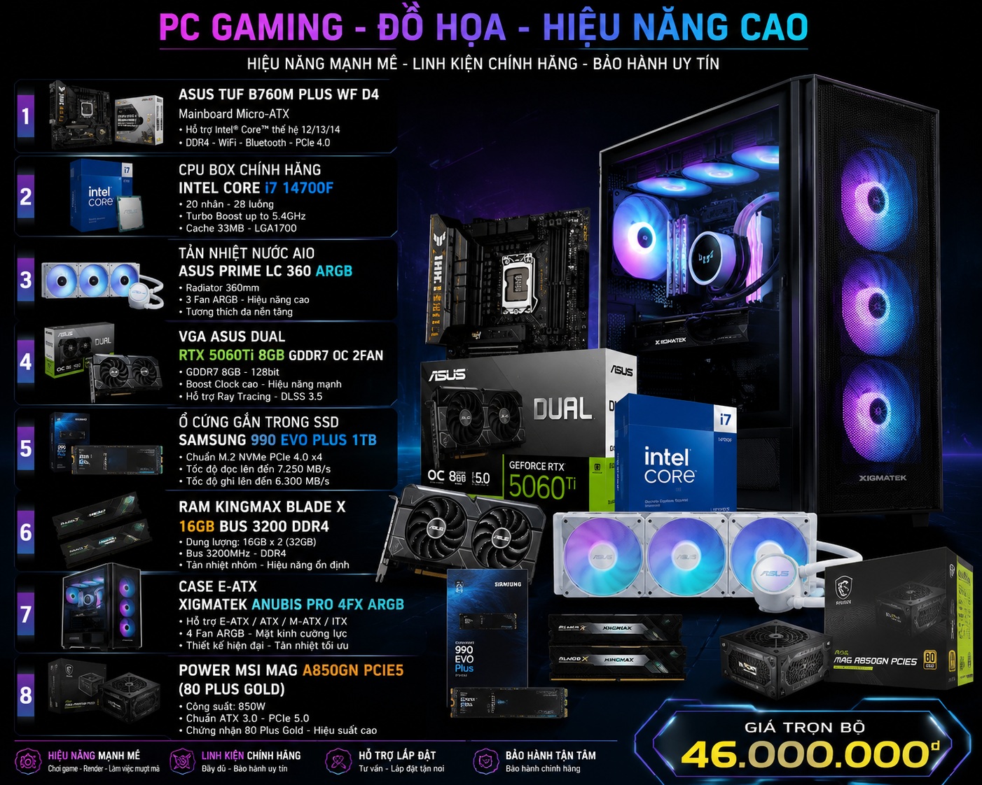 PC GAMING – ĐỒ HỌA – HIỆU NĂNG CAO 14700f và vga 5060ti 8g