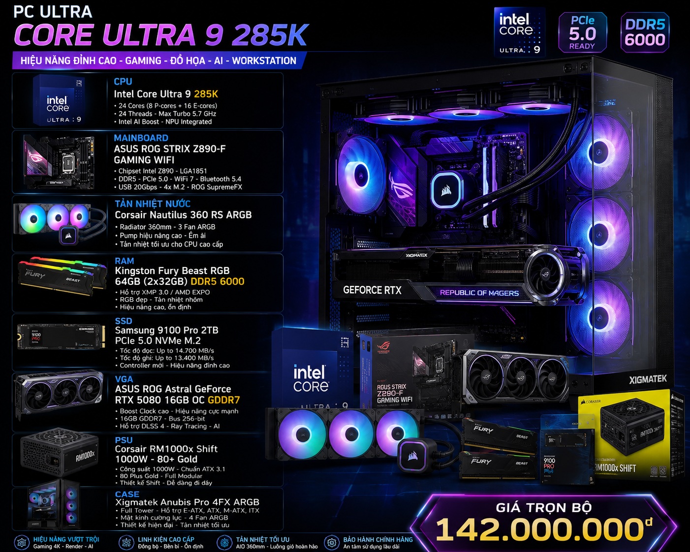  PC CAO CẤP – CORE ULTRA 9 285K | RTX 5080 | RAM 64GB 
