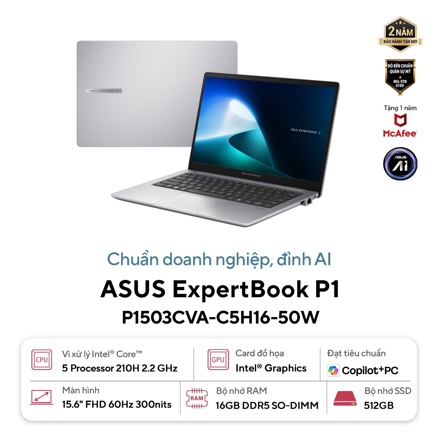 ASUS ExpertBook P1 | P1503CVA-C5H16-50W | Intel® Core™ 5 Processor 210H | 16GB | 512GB